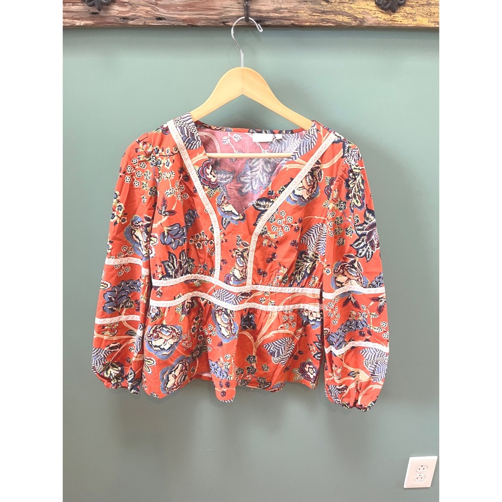 Spartina 449 Orange Floral Peplum Blouse V-Neck Long Sleeve Cotton Stretch Med